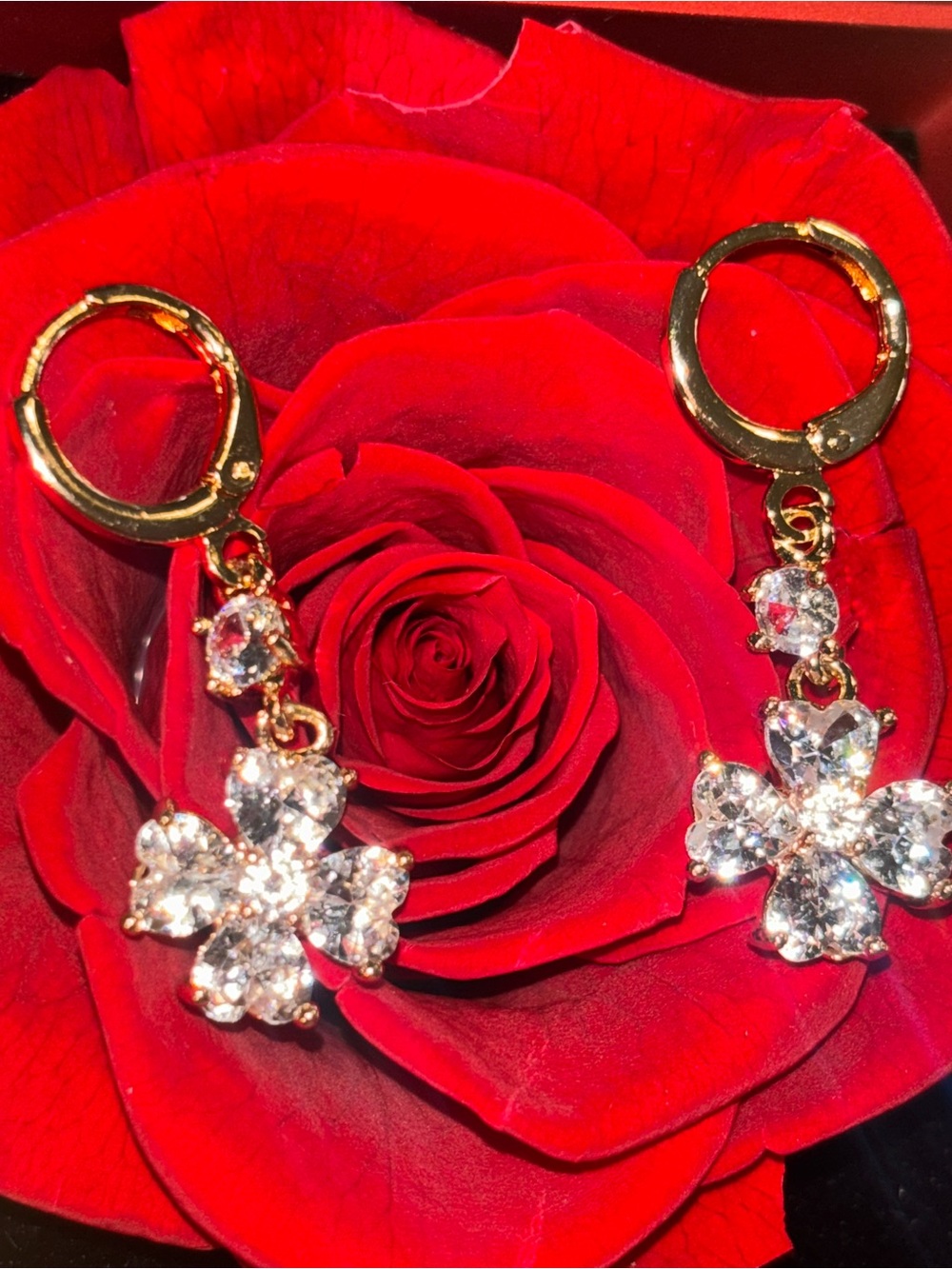 Gold Flower Drop Crystal Earrings - Clear & Gold